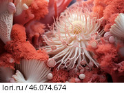 Coral reef ecosystem thriving with vibrant marine life and colorful polyps growing. Стоковое AI-изображение, AI-художник Иван Рябоконь / Фотобанк Лори