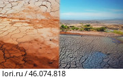 Cracked desert land with tumbleweed. Water problems, global warming, drought, water shortage in the world, health problems, poverty and misery in countries. Climate change: from friendship to green grove. Стоковое AI-видео, аниматор ALLA YURTAYEVA / Фотобанк Лори