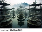 Rotating biological contactors purifying wastewater in treatment plant. Стоковое AI-изображение, AI-художник Иван Рябоконь / Фотобанк Лори