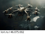 Futuristic cargo drone flying over desolate landscape. Стоковое AI-изображение, AI-художник Иван Рябоконь / Фотобанк Лори