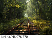Rusty train tracks disappearing into lush green forest with sunbeams. Стоковое AI-изображение, AI-художник Иван Рябоконь / Фотобанк Лори