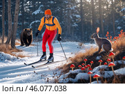 Зимний лыжник в ярком костюме на склоне к лесу среди лесных животных и грибов в необычайно теплую зиму. Стоковое AI-изображение, AI-художник Сергей Никифоров-Гордеев / Фотобанк Лори