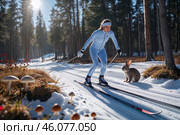 Лыжник женщина в зимнем лесу на фоне дикой природы и весёлого зайца близ тропинки. На проталинах растут грибы и появились первые весенние цветы. Стоковое AI-изображение, AI-художник Сергей Никифоров-Гордеев / Фотобанк Лори