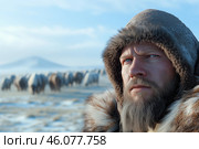 Portrait of a man with a beard in a fur coat against the winter landscape with blurred herd of ungulates. Стоковое AI-изображение, AI-художник Евгений Харитонов / Фотобанк Лори