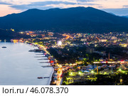 Beautiful view of the night embankment of the city of Sudak after sunset. South coast of the Crimean peninsula. Russia. Стоковое фото, фотограф Константин Лабунский / Фотобанк Лори
