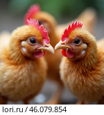 Fluffy brown chickens, roosters, gather closely in green farm environment displaying their vibrant feathers. Chicken is domesticated form of red junglefowl. Farm setting. Farm animals. Generative AI. Стоковое AI-изображение, AI-художник Юлия Петровская / Фотобанк Лори