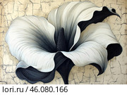 An artistic illustration of a large flower in monochrome shades, made in the style of hyperrealism or graphic painting. The petals of the flower curve smoothly, creating a sense of movement and depth. Their texture is detailed with fine lines, which gives the drawing elegance and expressiveness. The center of the flower stands out due to the dark cone, and the background with a cracked surface adds an antique effect and contrast. Стоковое AI-изображение, AI-художник Анна Кривицкая / Фотобанк Лори