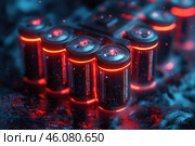 High-tech batteries glowing with red neon lines. They look like elements of a futuristic energy system, perhaps belonging to a cybernetic or sci-fi world. The batteries are arranged in a dynamic composition, surrounded by a dark surface that enhances their glow. Red sparks and light particles create an effect of tension and power, adding a sense of technological superiority and energetic intensity to the image. This visual style is reminiscent of the concept of cyberpunk or the future associated with advanced energy sources. Стоковое AI-изображение, AI-художник Анна Кривицкая / Фотобанк Лори