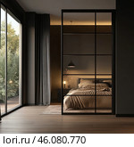 A modern minimalist bedroom with a warm, cozy atmosphere. The focal point is the large bed with soft bedding in natural shades. A stylish pendant light hangs above the bed, creating soft lighting. On the bedside table there is a lamp and a small vase with dried flowers. The room is dominated by calm, neutral colors, dark accents and a wooden floor.A huge mirror with a black metal frame reflects the bed and enhances the feeling of space. On the left are panoramic windows overlooking the greenery and the terrace, letting in natural light. Стоковое AI-изображение, AI-художник Анна Кривицкая / Фотобанк Лори