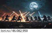 Epic battle between warriors under a full moon with glowing swords in a mystical landscape. Стоковое AI-изображение, AI-художник Сергей Толмачёв / Фотобанк Лори