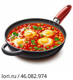 Eggs poached in tomato sauce with vegetables cooking in frying pan. Стоковое AI-изображение, AI-художник Иван Рябоконь / Фотобанк Лори