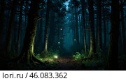 Mysterious forest illuminated by fireflies during a moonlit night. Стоковое AI-изображение, AI-художник Сергей Толмачёв / Фотобанк Лори