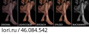 Gorgeous woman legs model with before and after retouching, photo editors. Collage set image before and after skin processing in photo editor. Edited photos being compared concept. Copy ad text space. Стоковое фото, фотограф Aleksandr Golubev / Фотобанк Лори