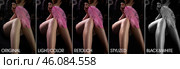 Collage set image of before and after chic skin processing by photo editors. Perfect woman legs with soft feather before and after retouching. Edited photos being compared concept. Copy ad text space. Стоковое фото, фотограф Aleksandr Golubev / Фотобанк Лори