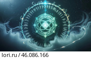 Intricate mystical symbol surrounded by ethereal mist in a cosmic setting at night. Стоковое AI-изображение, AI-художник Сергей Толмачёв / Фотобанк Лори