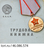 Медаль СССР "За трудовую доблесть" и трудовая книжка СССР. Стоковое фото, фотограф Александр Алексеев / Фотобанк Лори