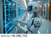 A humanoid robot operating a high-tech control panel. Its design resembles an advanced artificial intelligence, with sleek white armor and embedded electronic components. The robot's head has a dark screen with digital displays, while its mechanical arms manipulate a touchscreen interface. The setting resembles a futuristic laboratory or control center, with blue neon lighting creating a sense of technological perfection. Стоковое AI-изображение, AI-художник Анна Кривицкая / Фотобанк Лори