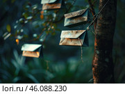 Insect traps hanging from a tree branch for pest control. Стоковое AI-изображение, AI-художник Иван Рябоконь / Фотобанк Лори