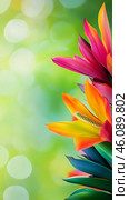 Colorful blooms shine in a vibrant garden, framed by soft, blurred greenery. Стоковое AI-изображение, AI-художник Елена Старчак / Фотобанк Лори
