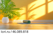 A calming space has a yoga mat, potted plants, and warm sunlight streaming in. Стоковое AI-изображение, AI-художник Елена Старчак / Фотобанк Лори