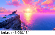 A dragon stands proudly on a cliff, watching the sun dip below the horizon, illuminating the sky. Стоковое AI-изображение, AI-художник Елена Старчак / Фотобанк Лори