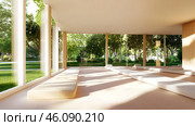 Lush greenery frames a calming space designed for yoga, meditation, and peaceful gatherings. Стоковое AI-изображение, AI-художник Елена Старчак / Фотобанк Лори