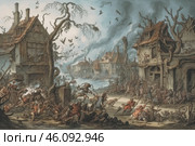 A scene of chaos and destruction, done in an old artistic style. In the painting we see ruins of houses, fallen trees, smoking ruins and a crumbling city. In the center of the scene are many people fighting and scuffling, as if in the process of a military conflict or disaster. Stern faces, period clothing, and numerous small details, including darkness and birds flying in the sky, create an atmosphere of disaster and disorder. This image is reminiscent of the style of old engravings or paintings depicting historical events, tragedies or riots. Стоковое AI-изображение, AI-художник Анна Кривицкая / Фотобанк Лори
