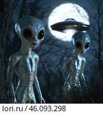 Two aliens with a distinctive appearance: thin bodies, large heads, huge black eyes and silvery skin. They are in a night forest, illuminated by the bright light of a full moon. Behind them, a classic flying object is visible - a UFO in the form of a disk, hovering in the air and emitting light. The atmosphere of the image conveys mysticism and tension, creating the effect of a mysterious encounter with an extraterrestrial civilization. Стоковое AI-изображение, AI-художник Анна Кривицкая / Фотобанк Лори