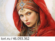 A young woman dressed in traditional clothing with a red headscarf and jewelry. Her face expresses calm and confidence, and her eyes stand out against the background of complex fabric. The clothing is decorated with precious stones and numerous beads, which emphasizes the richness and elegance of the image. Around the woman's head is a red headscarf, creating the effect of a symbolic crown. The discreet background helps to focus attention on the central figure.This image is inspired by traditional Russian outfits and jewelry, adding an atmosphere of antiquity and cultural heritage. Стоковое AI-изображение, AI-художник Анна Кривицкая / Фотобанк Лори