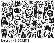 Черно-белый рисунок с изображением множества лиц и букв.  Дудл графика. Стоковое AI-изображение, AI-художник Ярославский Максим / Фотобанк Лори
