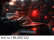 Человек печатает на ноутбуке с красным символом блокировки на экране. Стоковое AI-изображение, AI-художник Ярославский Максим / Фотобанк Лори