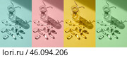 Pills and glass pill bottle on multi colored background. Big tablets. Omega 3 capsules. Close up, top view. Health care concept. Healthy every day fatty acids nutritional supplement dosage. Collage. Стоковое фото, фотограф Марина Демидюк / Фотобанк Лори
