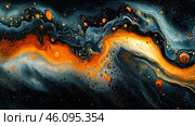 An abstract painting in liquid acrylic or digital generation. Waves of black, gray, yellow and orange colors flow smoothly into each other, creating the effect of movement and depth. The composition resembles magmatic flows, lava, cosmic nebulae or the surfaces of distant planets.Numerous bubbles, streaks and textured details give the image an organic feel, creating the illusion of a living, pulsating space. The color scheme combines dark shades with contrasting golden highlights, creating an impression of energy and mysticism. Стоковое AI-изображение, AI-художник Анна Кривицкая / Фотобанк Лори