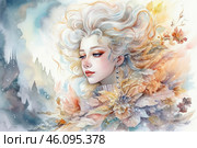 A watercolor illustration of a young woman with wavy blond hair that blends seamlessly with the surrounding nature. Her gaze is light and dreamy, her lips are slightly parted, and her face is adorned with exquisite makeup in warm shades. Long earrings hang from her ears, giving her image elegance.The girl's clothes seem to be woven from autumn leaves that shimmer with shades of gold, orange and brown, creating a sense of harmony with nature. In the distance, behind the misty haze, the silhouettes of a majestic castle are guessed, which gives the picture a magical atmosphere. The whole image is filled with softness, romance and slight melancholy, like an illustration for a fairy tale about the changing seasons. Стоковое AI-изображение, AI-художник Анна Кривицкая / Фотобанк Лори