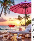 Sun loungers by the sea against the backdrop of a beautiful setting sun. Seascape. Стоковое AI-изображение, AI-художник Сергей Елизарьев / Фотобанк Лори
