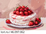 Delicious strawberry cake displayed on a plate, tempting dessert delight. Стоковое AI-изображение, AI-художник Иван Рябоконь / Фотобанк Лори