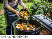 An open compost container with peels and fruit and vegetable clippings. Organic waste in a garden composter. Eco-friendly gardening, sustainability, ecology. Стоковое AI-изображение, AI-художник Photojuli / Фотобанк Лори
