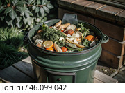 An open compost container with peels and fruit and vegetable clippings. Organic waste in a garden composter. Eco-friendly gardening, sustainability, ecology. Стоковое AI-изображение, AI-художник Photojuli / Фотобанк Лори