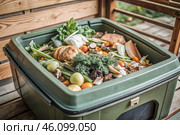An open compost container with peels and fruit and vegetable clippings. Organic waste in a garden composter. Eco-friendly gardening, sustainability, ecology. Стоковое AI-изображение, AI-художник Photojuli / Фотобанк Лори