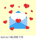 Конверт с бумажными сердечками и местом для текста. Envelope with paper hearts. Редакционная иллюстрация, иллюстратор Ирина Щербакова / Фотобанк Лори
