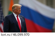 Дональд Трамп на фоне российского флага. Редакционное AI-изображение, AI-художник Илья Старков / Фотобанк Лори