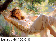 Young woman in lace pajamas relaxing, lying in hammock in shade of green garden. Simple, slow life. Стоковое AI-изображение, AI-художник Алла Чесноковва / Фотобанк Лори