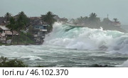 A huge tsunami wave hit a coastal residential complex, destroying everything in its path. Стоковое AI-видео, аниматор Александр Довянский / Фотобанк Лори