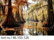 Majestic cypress trees reflecting in the bayou at atchafalaya basin, louisiana. Стоковое AI-изображение, AI-художник Иван Рябоконь / Фотобанк Лори