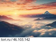 Majestic sunrise illuminating foggy mountain peaks and valleys. Стоковое AI-изображение, AI-художник Иван Рябоконь / Фотобанк Лори