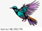 Superb starling showing iridescent plumage while flying. Стоковое AI-изображение, AI-художник Иван Рябоконь / Фотобанк Лори