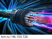 Fiber optic cable transmitting data with light beams and cables. Стоковое AI-изображение, AI-художник Иван Рябоконь / Фотобанк Лори