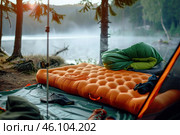Peaceful camping morning by misty lake. Стоковое AI-изображение, AI-художник Иван Рябоконь / Фотобанк Лори