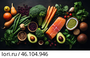 Still life with a variety of fresh products laid out on a dark background. In the center are vegetables, greens, nuts, berries and a piece of fresh salmon. You can see broccoli, carrots, avocado, asparagus, spinach, green peas, cherry tomatoes, sweet potatoes, flax seeds, various berries and nuts. The bright colors of the natural ingredients create a spectacular contrast with the black background, emphasizing their freshness and naturalness. This image perfectly conveys the concept of healthy eating and the balance of useful microelements in the diet. Стоковое AI-изображение, AI-художник Анна Кривицкая / Фотобанк Лори