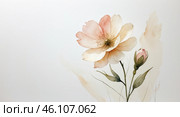Soft pastel floral artwork featuring a blooming flower and budding rose on a light background. Стоковое AI-изображение, AI-художник Сергей Толмачёв / Фотобанк Лори